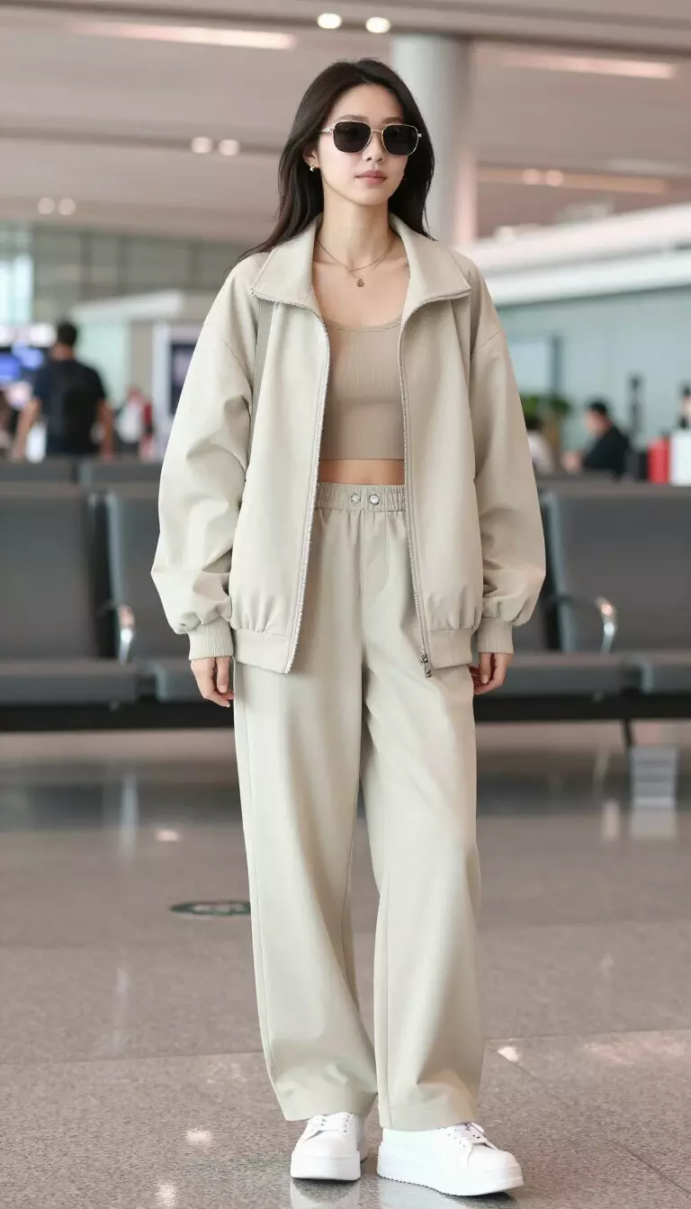 A beautiful woman in a light beige oversized zip-up jacket, matching beige crop top, light beige wide-leg pants, white platform sneakers, airport lounge area.