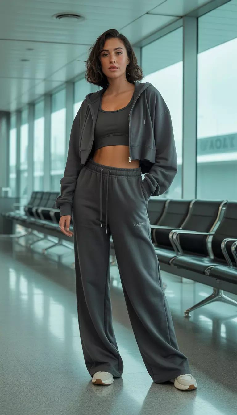 A beautiful woman in a dark grey cropped zip-up hoodie, matching dark grey crop top, dark grey extra wide-leg sweatpants, light sneakers, airport lounge area.