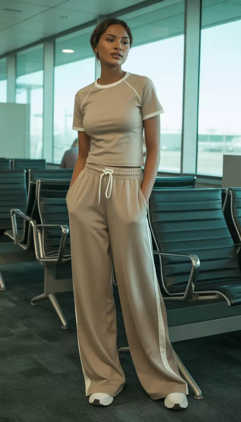 A beautiful woman in a beige crew neck tee with white piping, loose wide-leg taupe sweatpants with a white side stripe, airport lounge area.