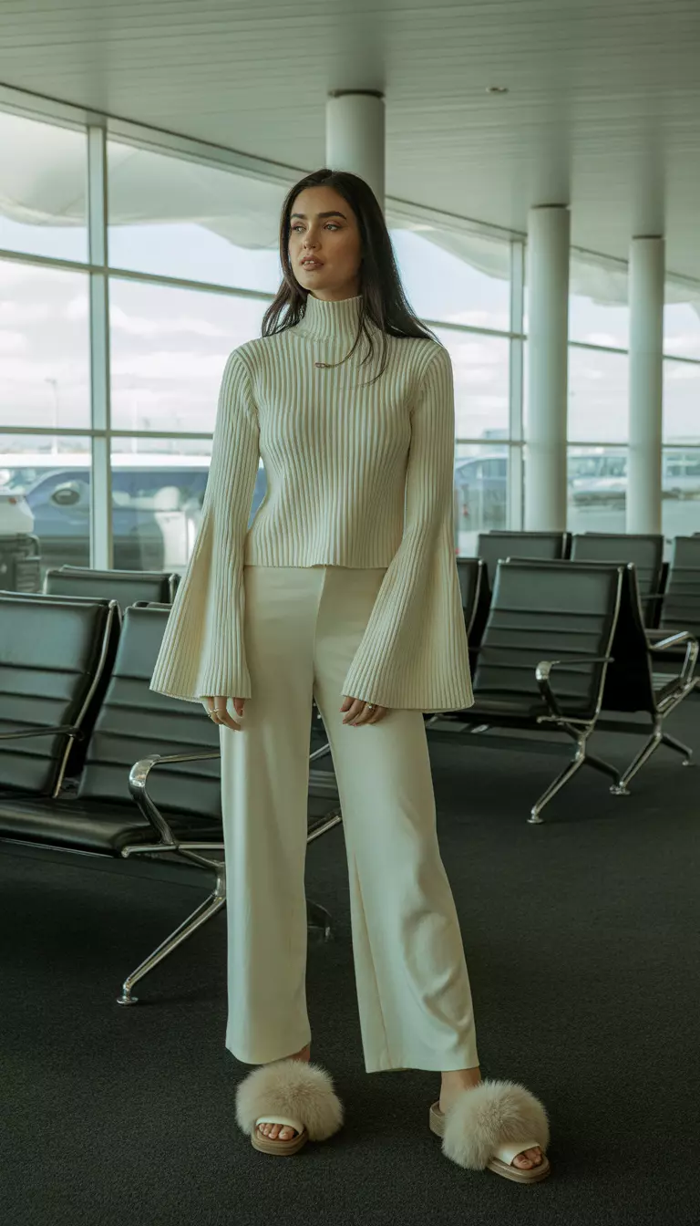 A beautiful woman in a cream high-neck ribbed knit top with dramatic sleeves, matching cream wide-leg pants, fur-trimmed slip-on mules, airport lounge area.