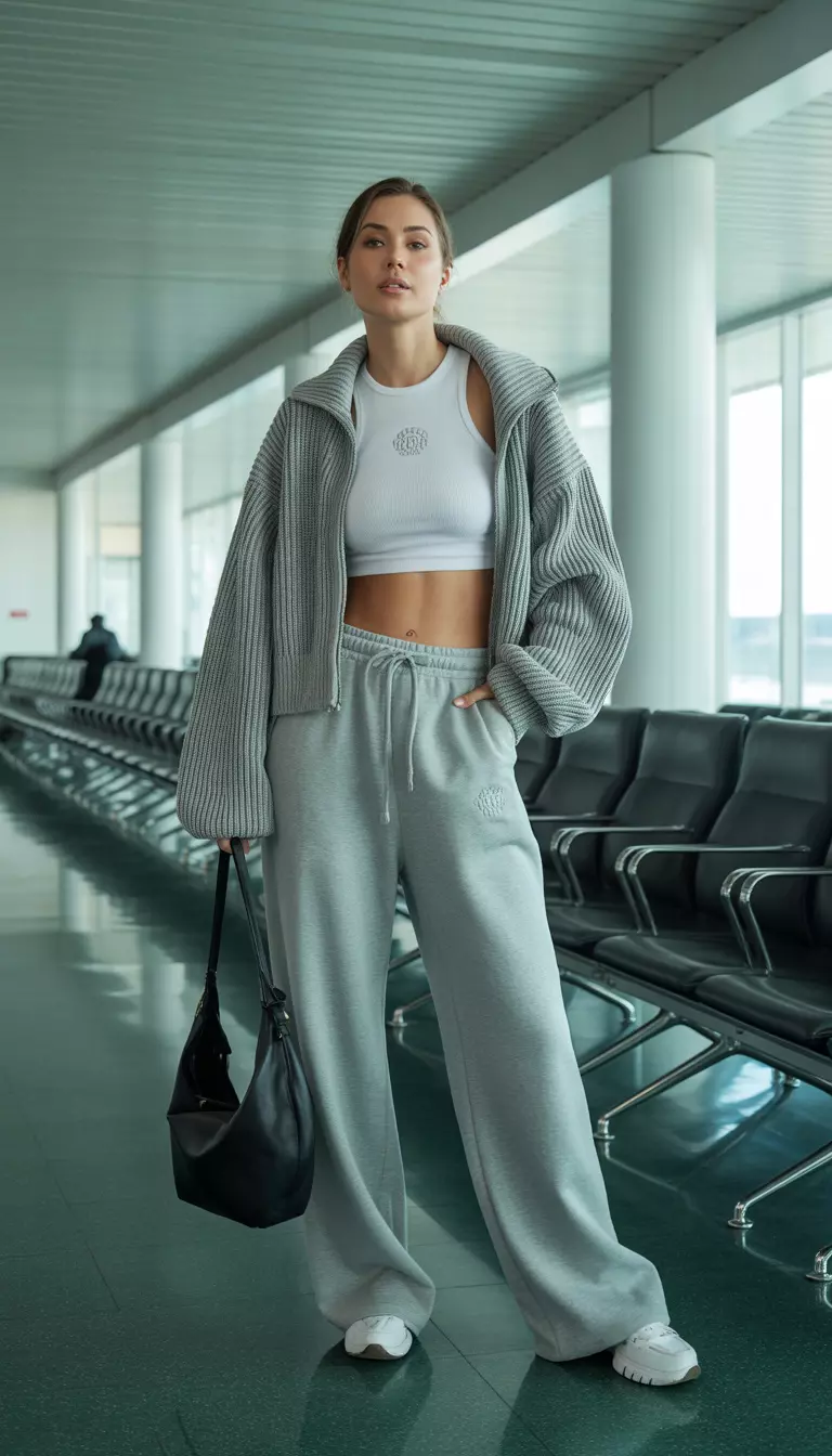 A beautiful woman in a grey textured zip-up cardigan, white logo crop top, matching grey wide-leg sweatpants, black hobo bag, airport lounge area.
