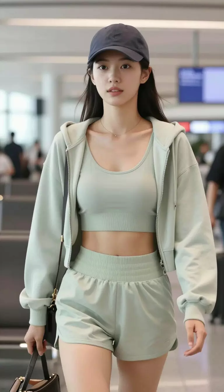 A beautiful woman in a light sage green cropped hoodie, matching bralette crop top, light sage green sporty shorts, dark baseball cap, airport lounge area.