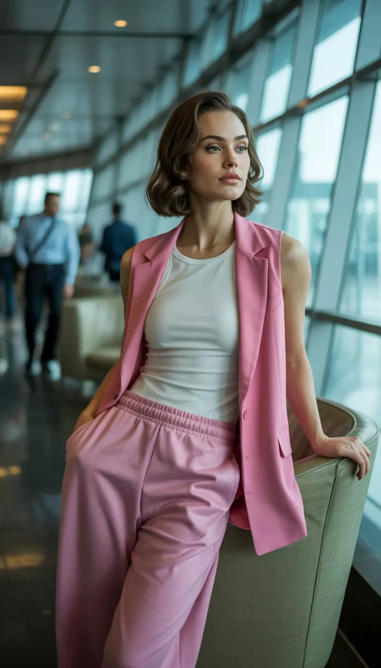 A beautiful woman in a pink sleeveless blazer, white fitted tank top, pink wide-leg sweatpants, airport lounge area.