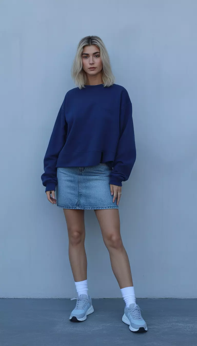 A beautiful woman in a navy blue oversized crewneck sweater, a light blue denim mini skirt, white athletic socks, and light blue sneakers.
