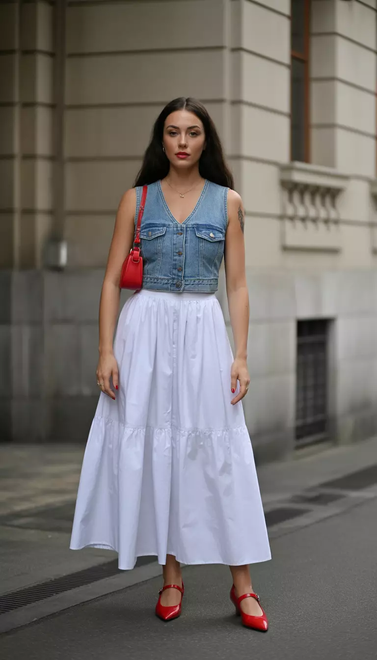 A beautiful woman in a denim sleeveless button-up vest, a voluminous white maxi skirt, red pointed Mary Jane shoes, and a small red shoulder bag.