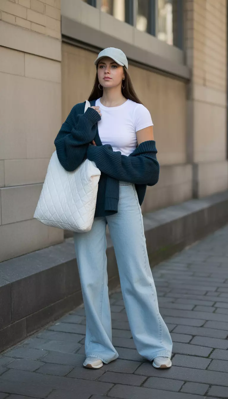 A beautiful woman in a white t-shirt, light wash wide-leg jeans, a dark teal sweater draped over her shoulders, a white quilted bag, and a baseball cap.