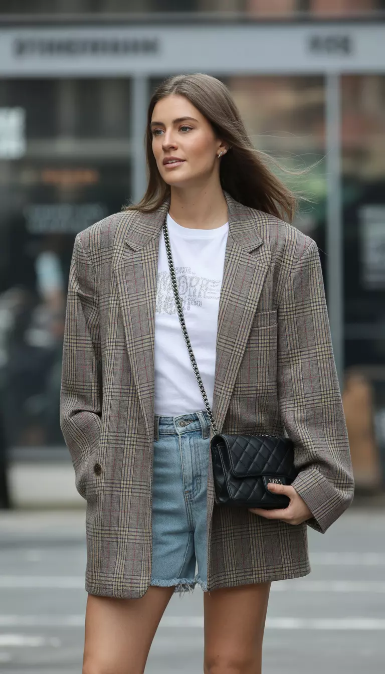A beautiful woman in an oversized plaid blazer, a white graphic t-shirt, light wash denim cutoff shorts, and she carries a small quilted black chain-strap bag.