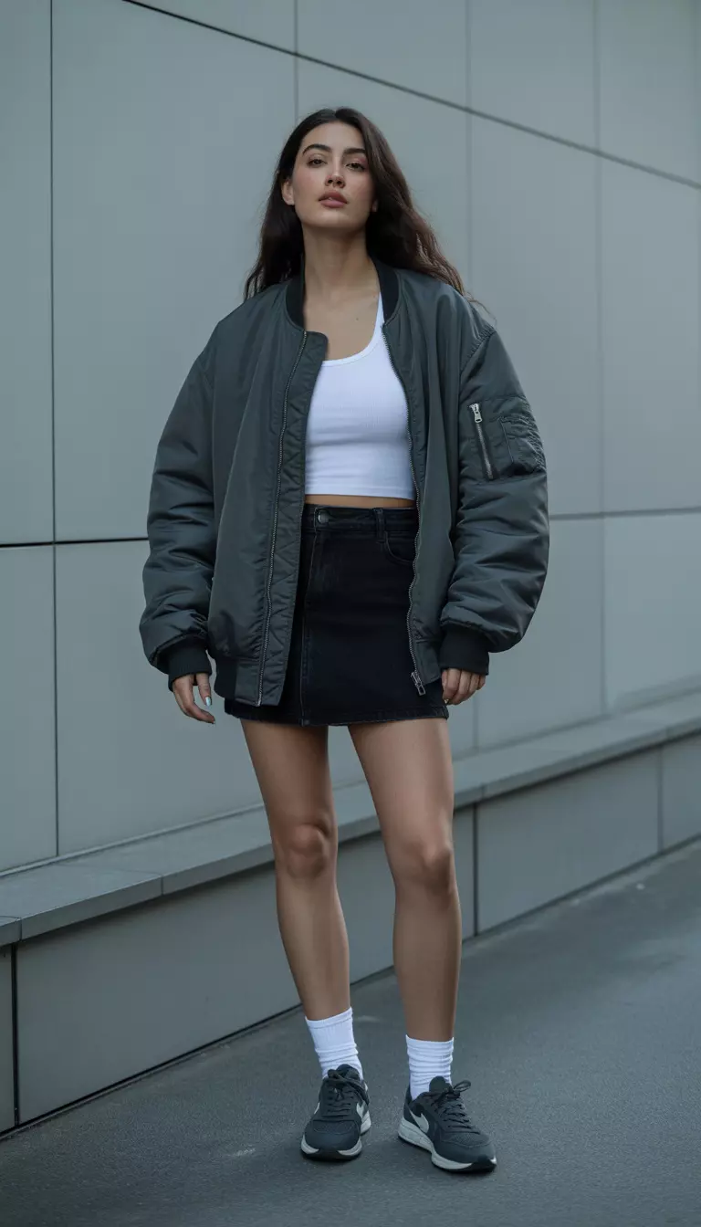 A beautiful woman in an oversized dark bomber jacket, a white tank top, a black mini skirt, white socks, and dark sneakers.