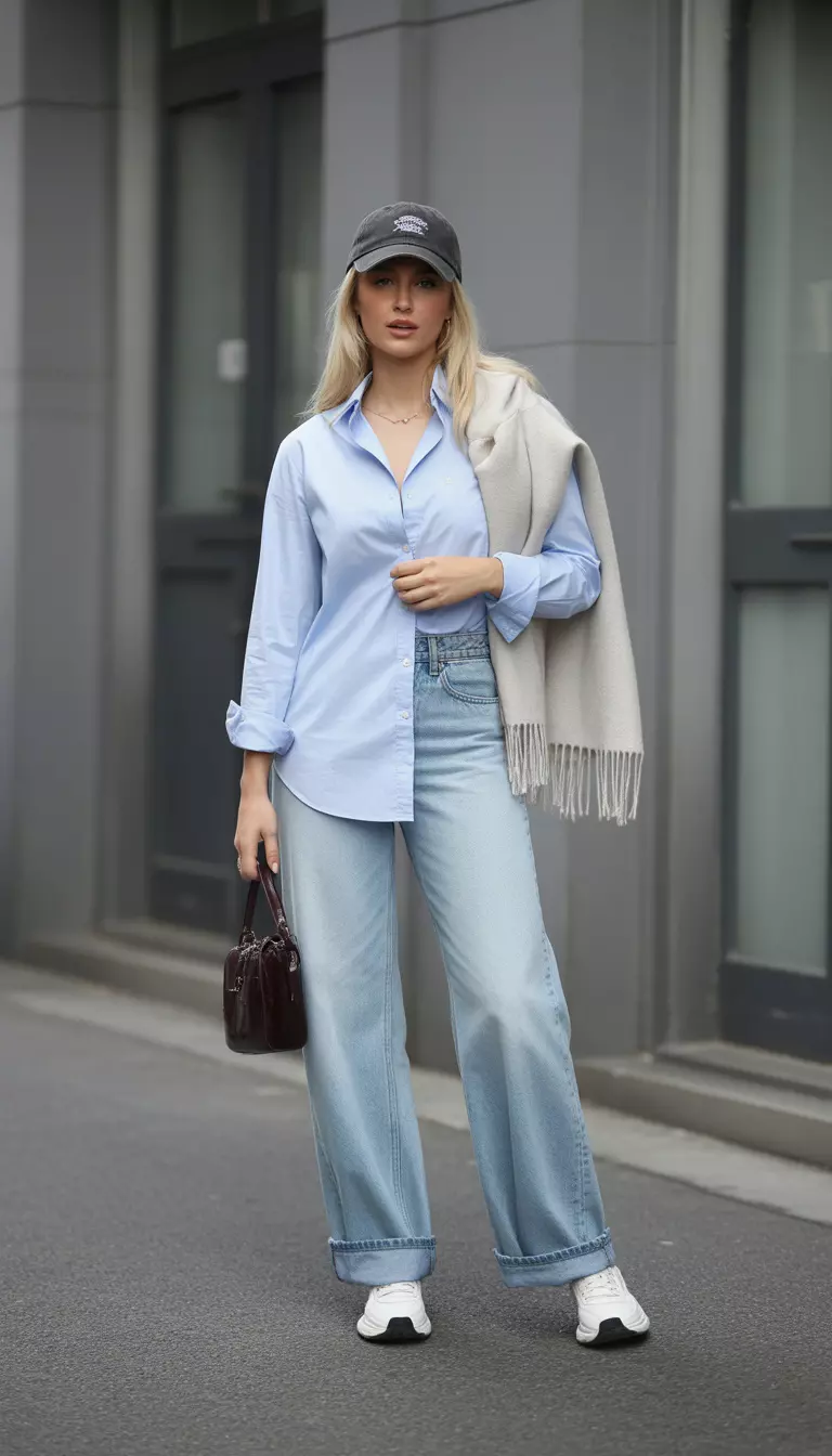 A beautiful woman in a light blue button-down shirt, light wash cuffed wide-leg jeans, a dark baseball cap, a light scarf draped over her shoulders, and a small dark handbag.