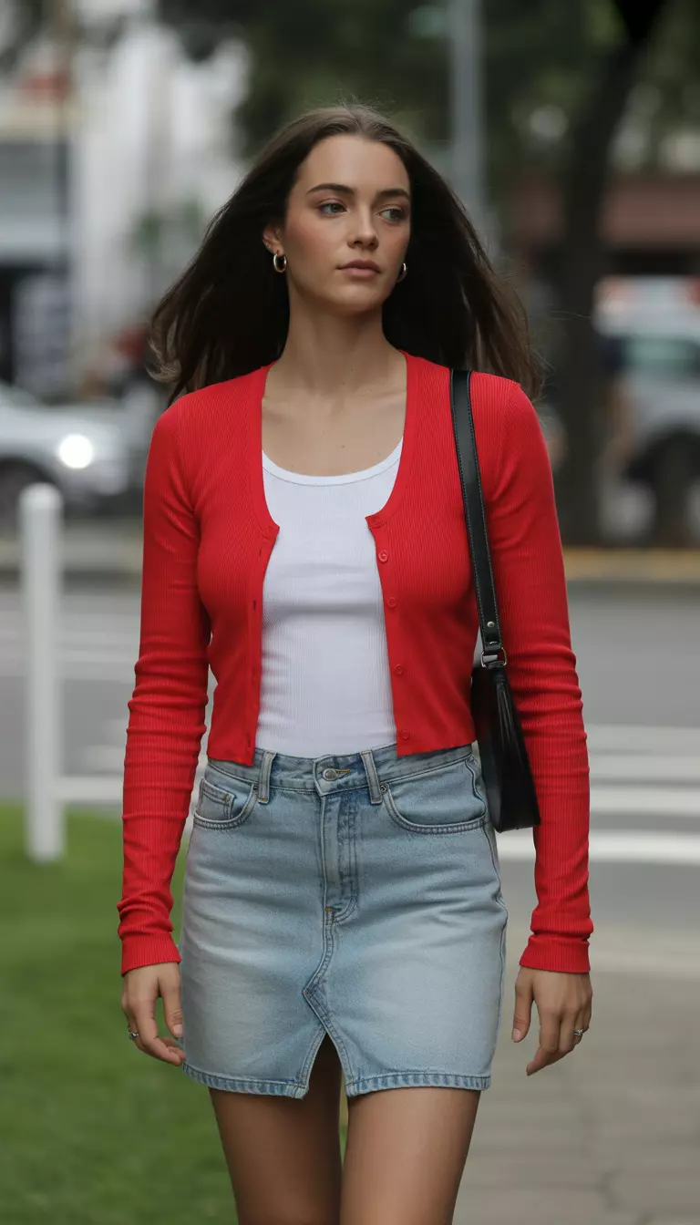 A beautiful woman in a bright red fitted cardigan over a white tank top, a light blue denim mini skirt, and she carries a black shoulder bag.