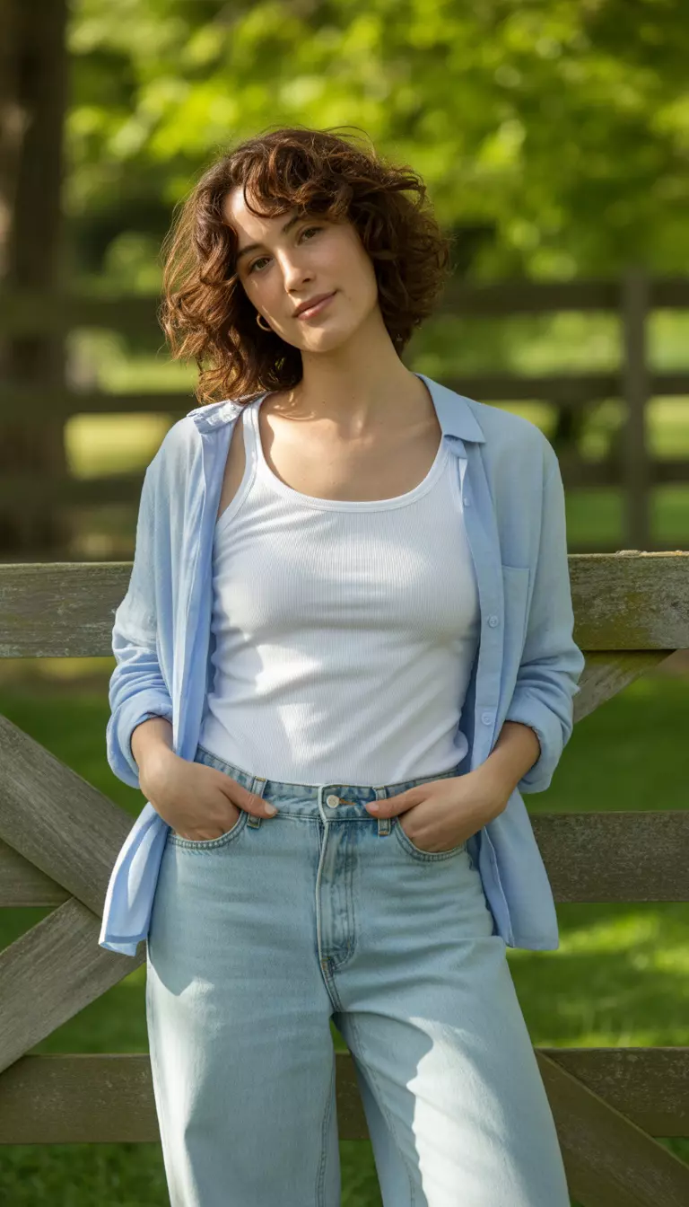 A beautiful woman in light wash wide-leg jeans, a white tank top, and a light blue open cardigan.