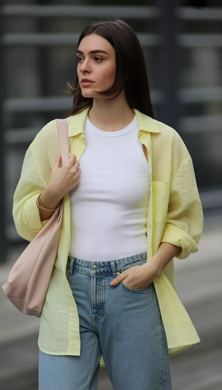 A beautiful woman in a white basic t-shirt, loose-fitting medium-wash jeans, a textured pale yellow oversized open button-down shirt, and she carries a light pink shoulder bag.