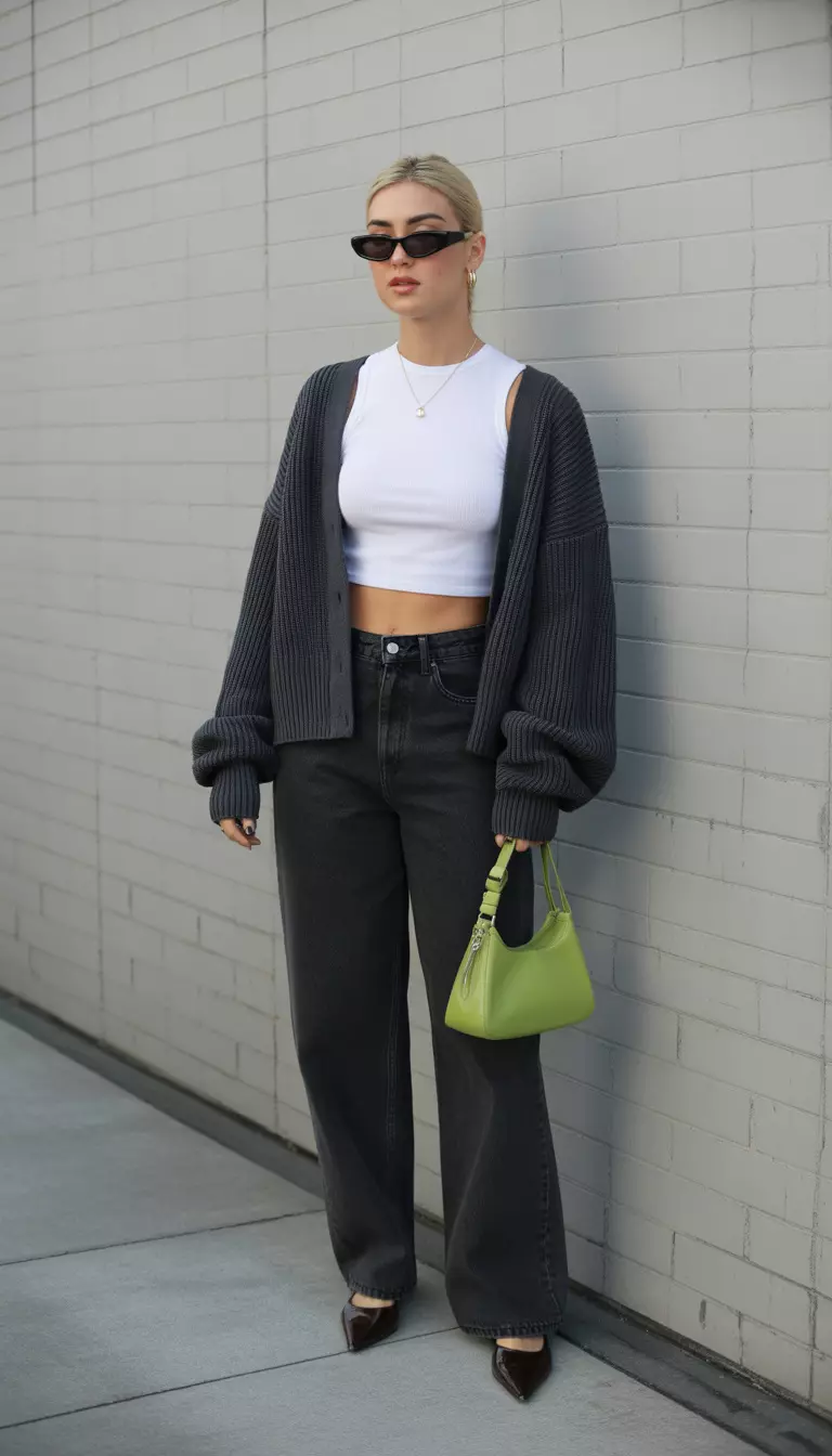 A beautiful woman in a white cropped top, a dark charcoal oversized sweater layered over it, loose dark wash jeans, dark pointed flats, sunglasses, and a lime green bag.