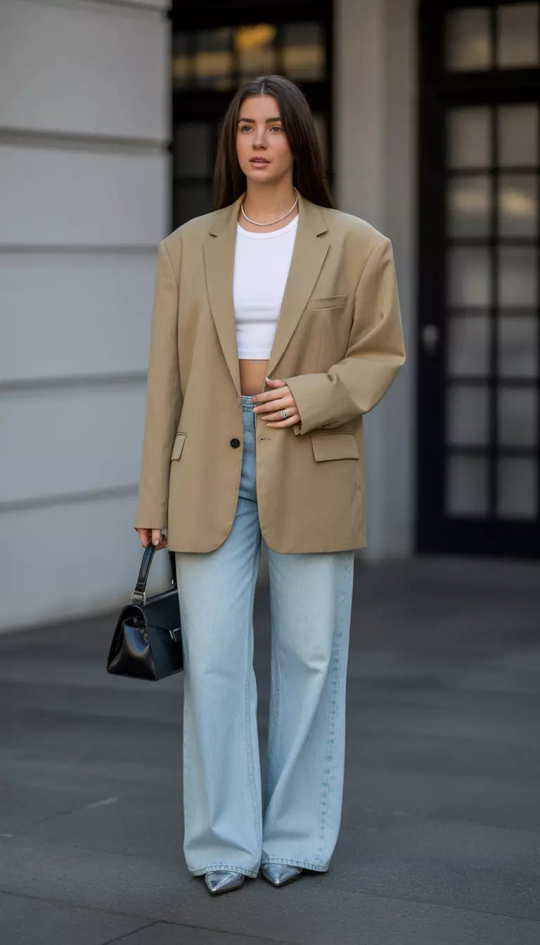 A beautiful woman in a loose-fitting beige oversized blazer, a white cropped top, light wash wide-leg jeans, silver pointed shoes, and she carries a structured black handbag.