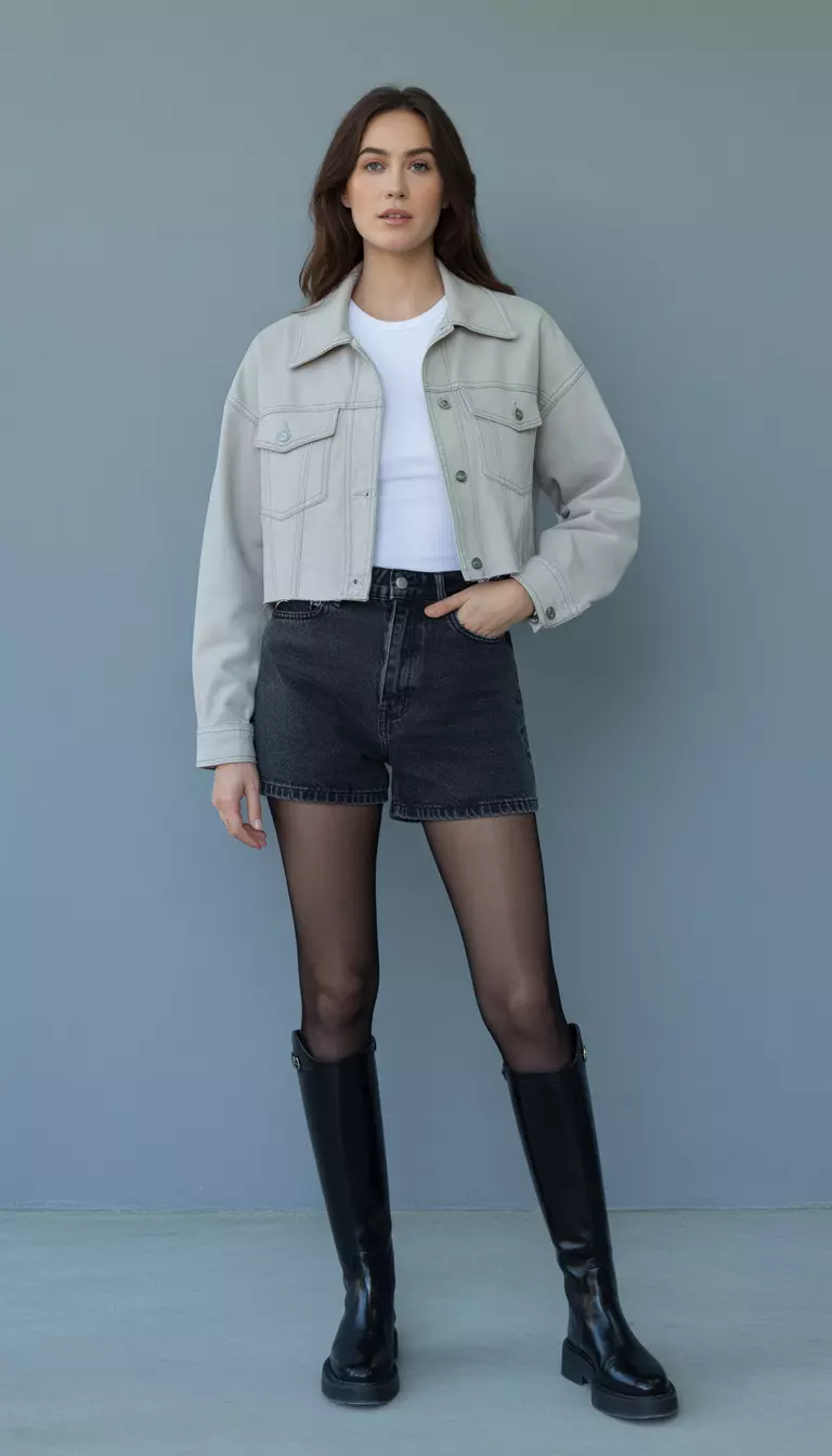 A beautiful woman in a light gray cropped jacket, a white top, dark denim shorts, black opaque tights, and tall black riding boots.