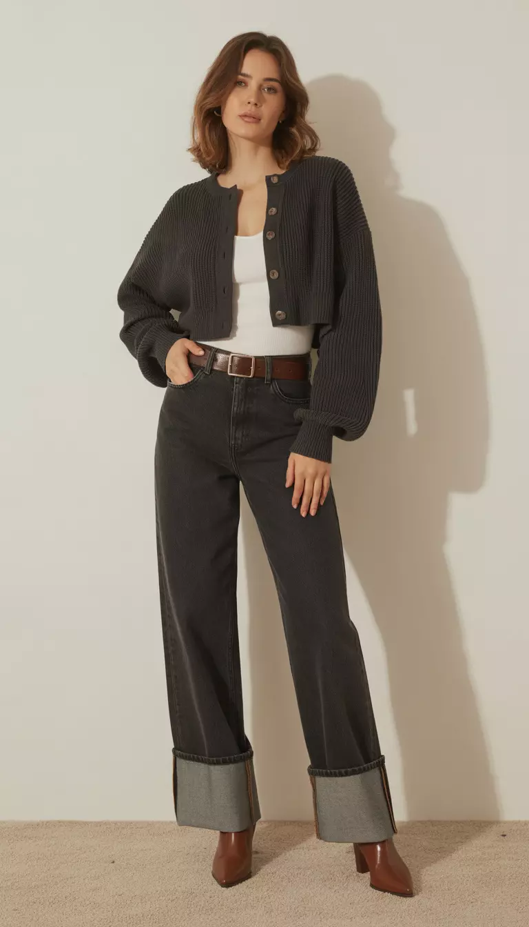 A beautiful woman in a dark charcoal cropped cardigan, a white top, dark wash wide-leg jeans with prominent cuffs, a brown belt, and pointed brown boots.