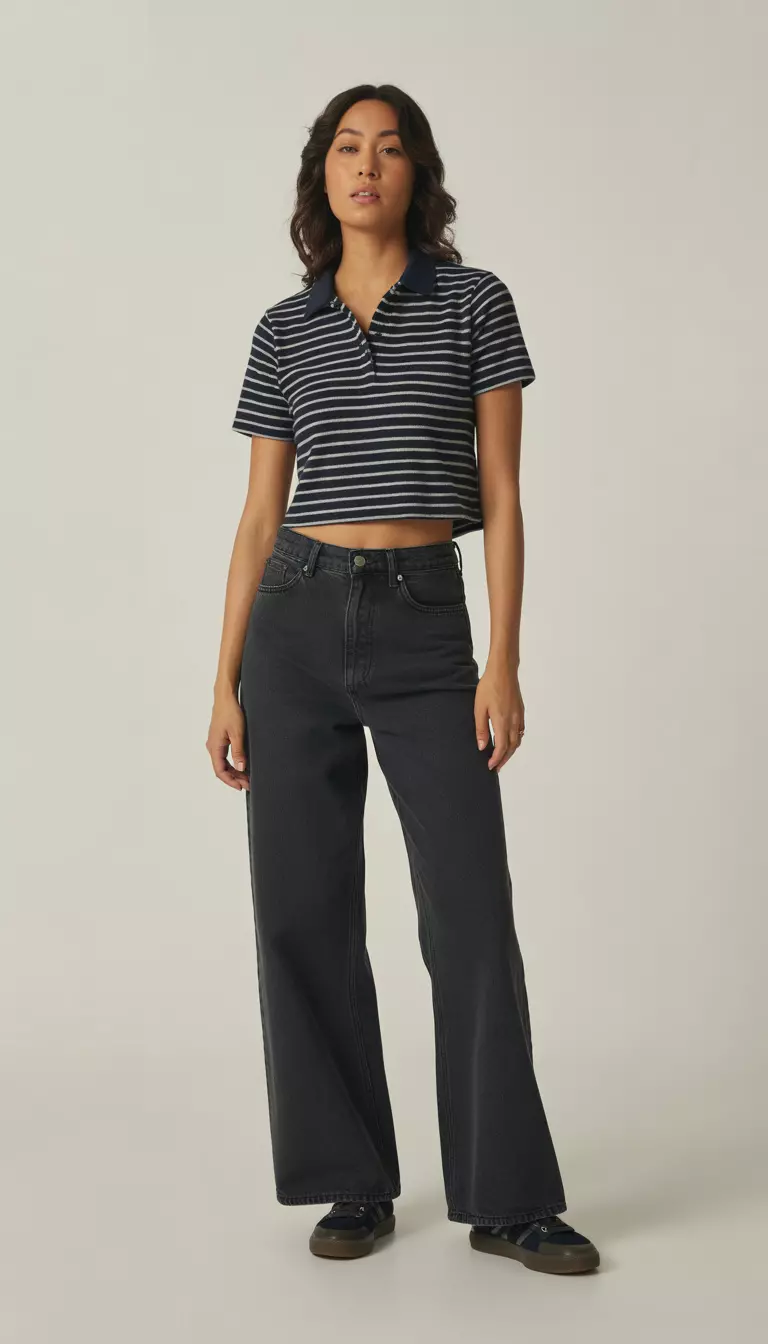 A beautiful woman in a dark navy and white striped cropped polo shirt, low-rise dark wash wide-leg denim jeans, and dark sneakers.