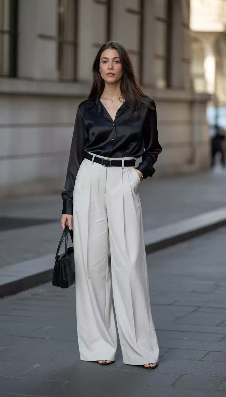 A beautiful woman in a black satin button-up shirt tucked into high-waisted white wide-leg trousers, cinched with a black belt, and carries a black bag.