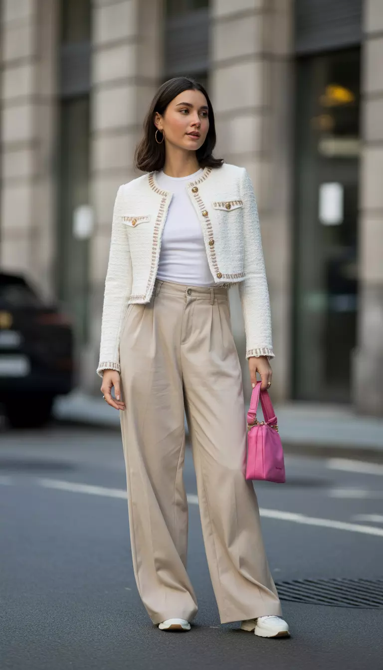 A beautiful woman in a white crew-neck t-shirt layered under a white cropped tweed-style jacket with gold buttons, paired with wide-leg beige trousers and a pink bag.