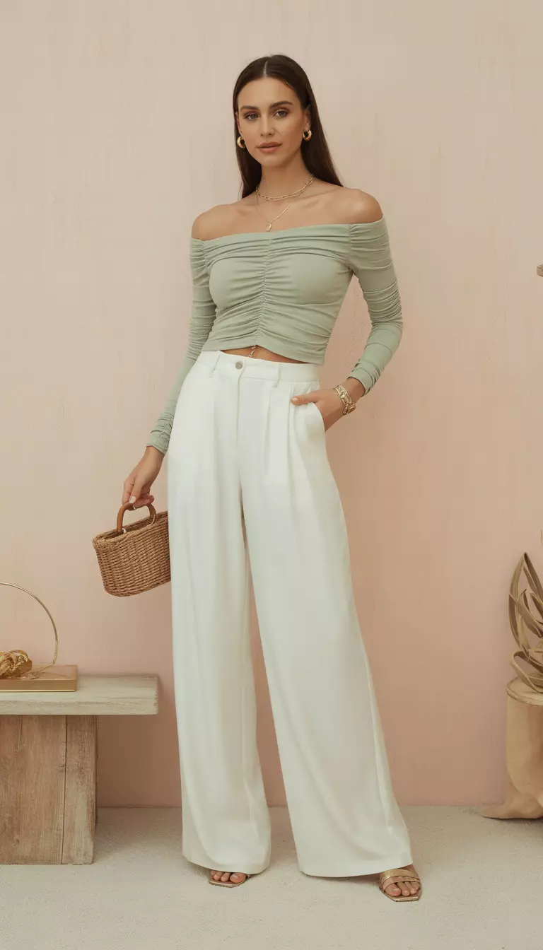 A beautiful woman in a ruched off-the-shoulder long-sleeved sage green top tucked into wide-leg white trousers, accessorized with gold jewelry and flat sandals.