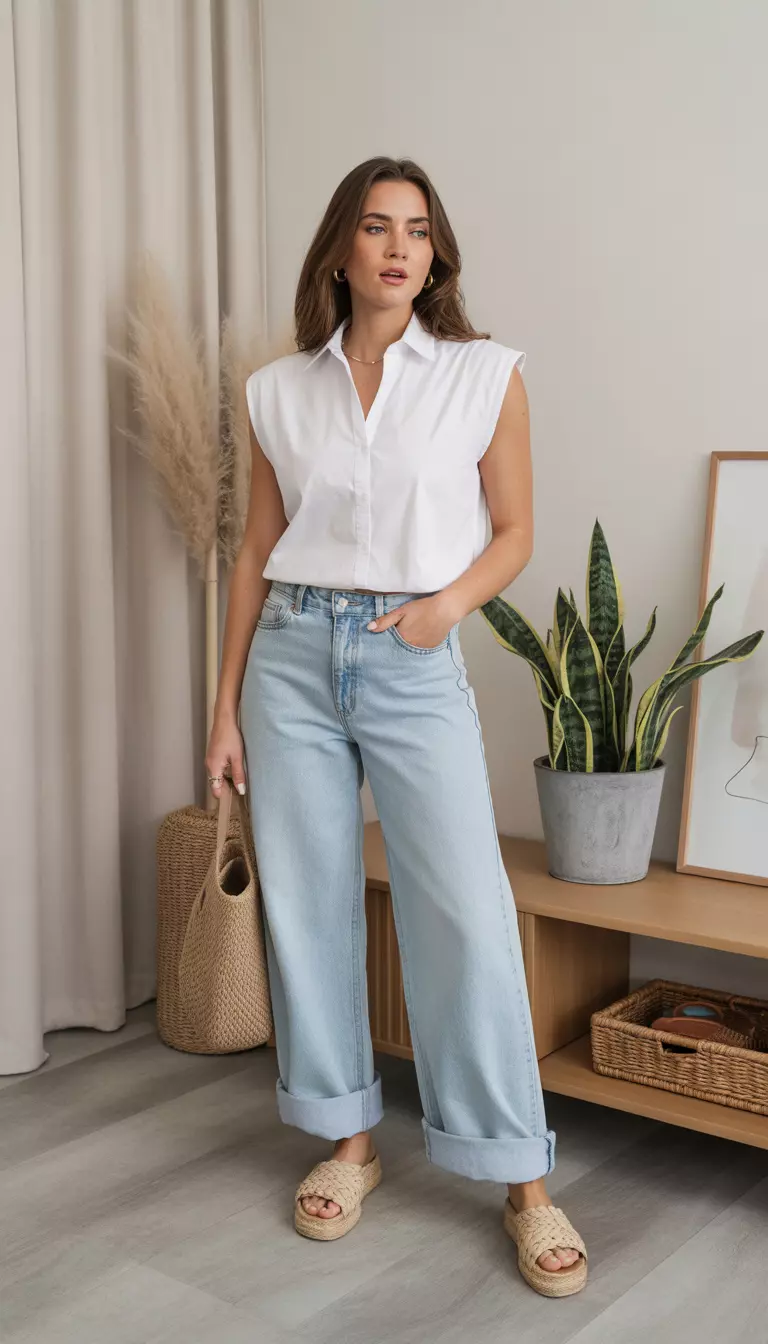 A beautiful woman in a white sleeveless top with padded shoulders tucked into light-wash wide-leg cuffed jeans, accessorized with woven sandals and a beige sweater.