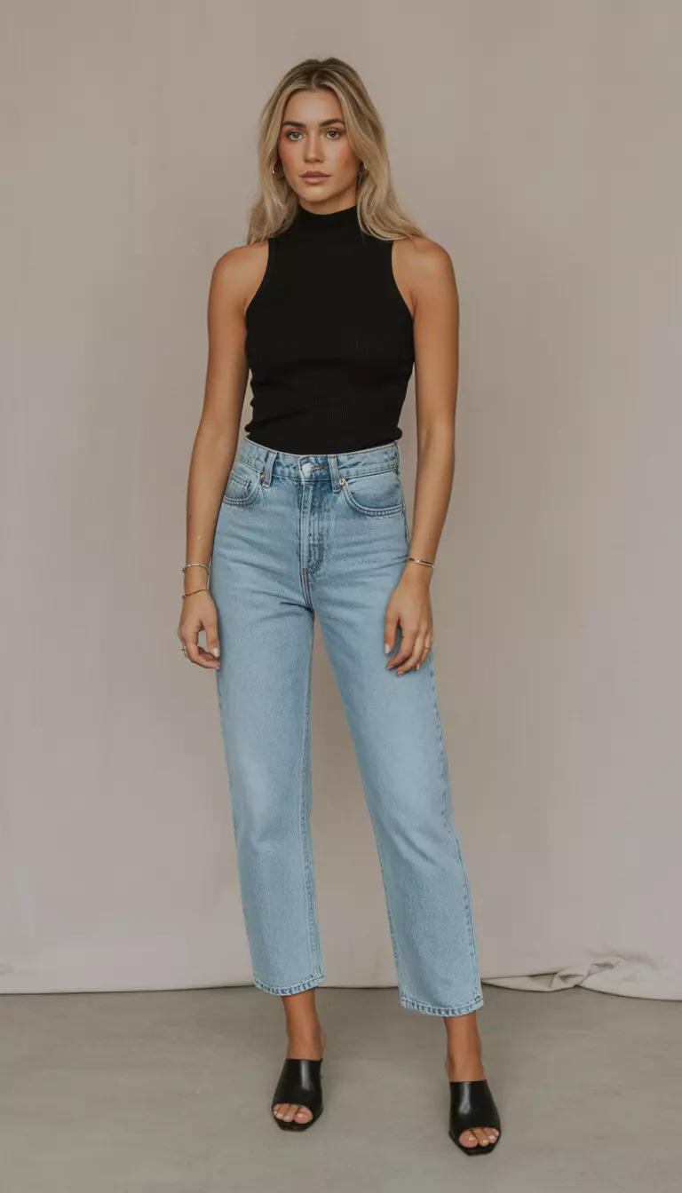 A beautiful woman in a fitted black sleeveless mock neck top tucked into light blue straight-leg jeans and black open-toe mules.