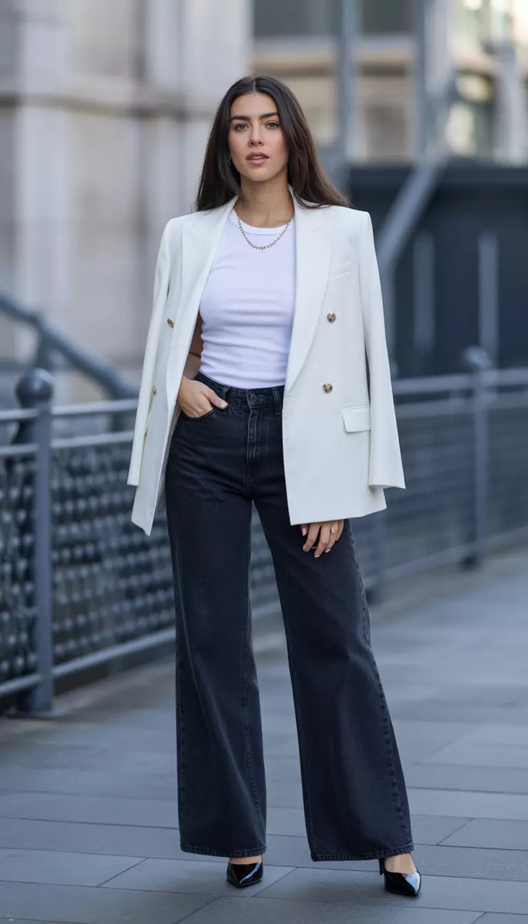 A beautiful woman in a white crew-neck top layered under a white blazer with gold accents, paired with very wide-leg dark denim jeans and black heels.