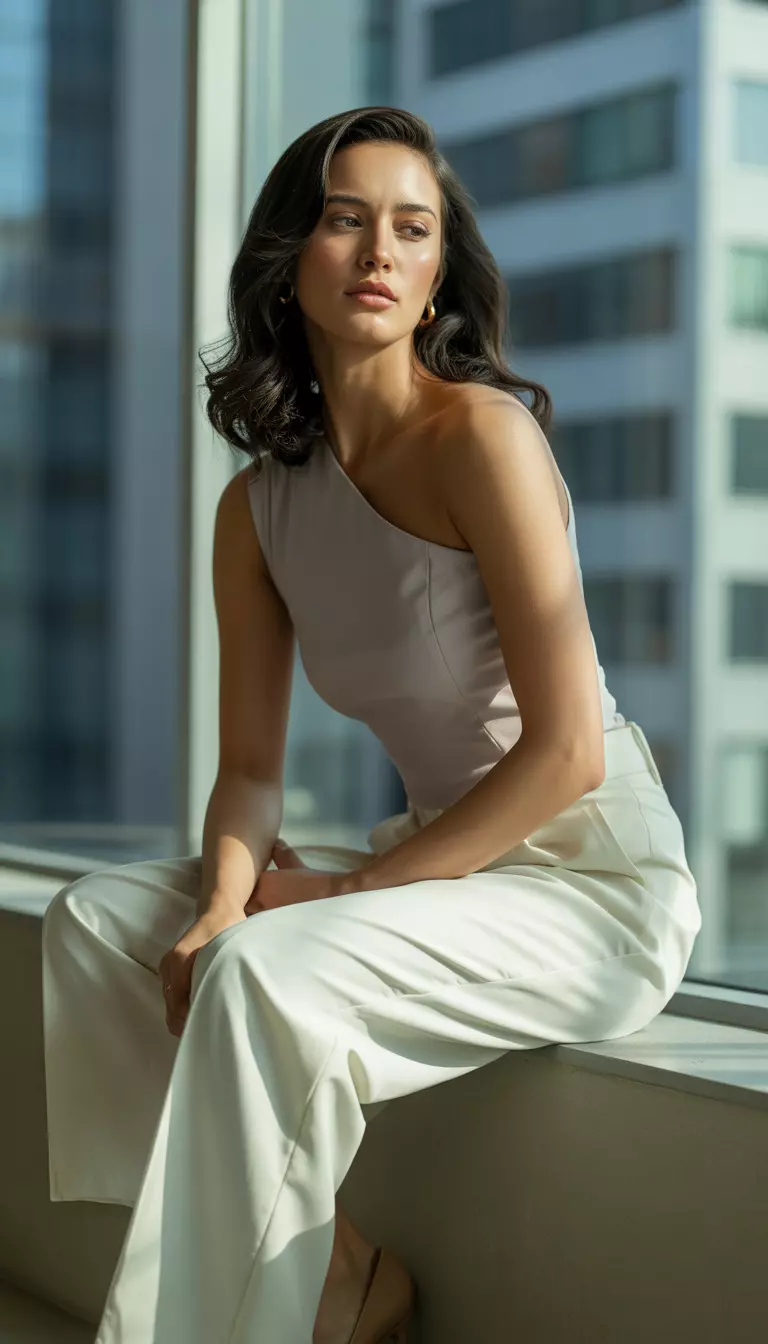 A beautiful woman in a one-shoulder light beige asymmetrical top tucked into wide-leg white trousers, paired with brown heels.
