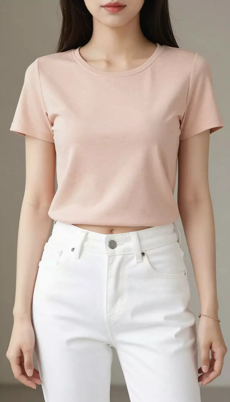 A beautiful woman in a peachy-nude short-sleeved top with slight puff shoulders, white high-waisted jeans featuring a prominent button fly, and simple bracelets.