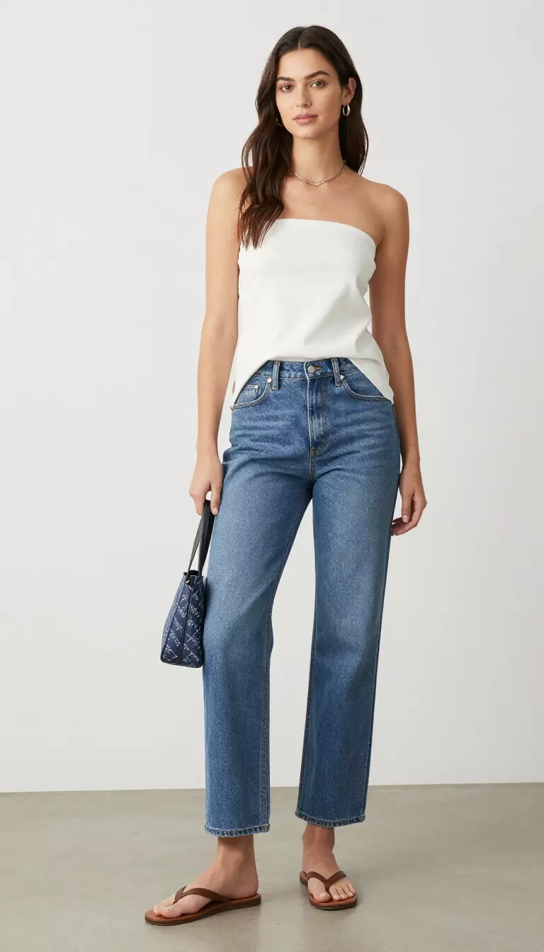 A beautiful woman in a white strapless top with side slits, medium-wash straight-leg jeans, and simple brown flip-flop style sandals, holding a small blue patterned bag.
