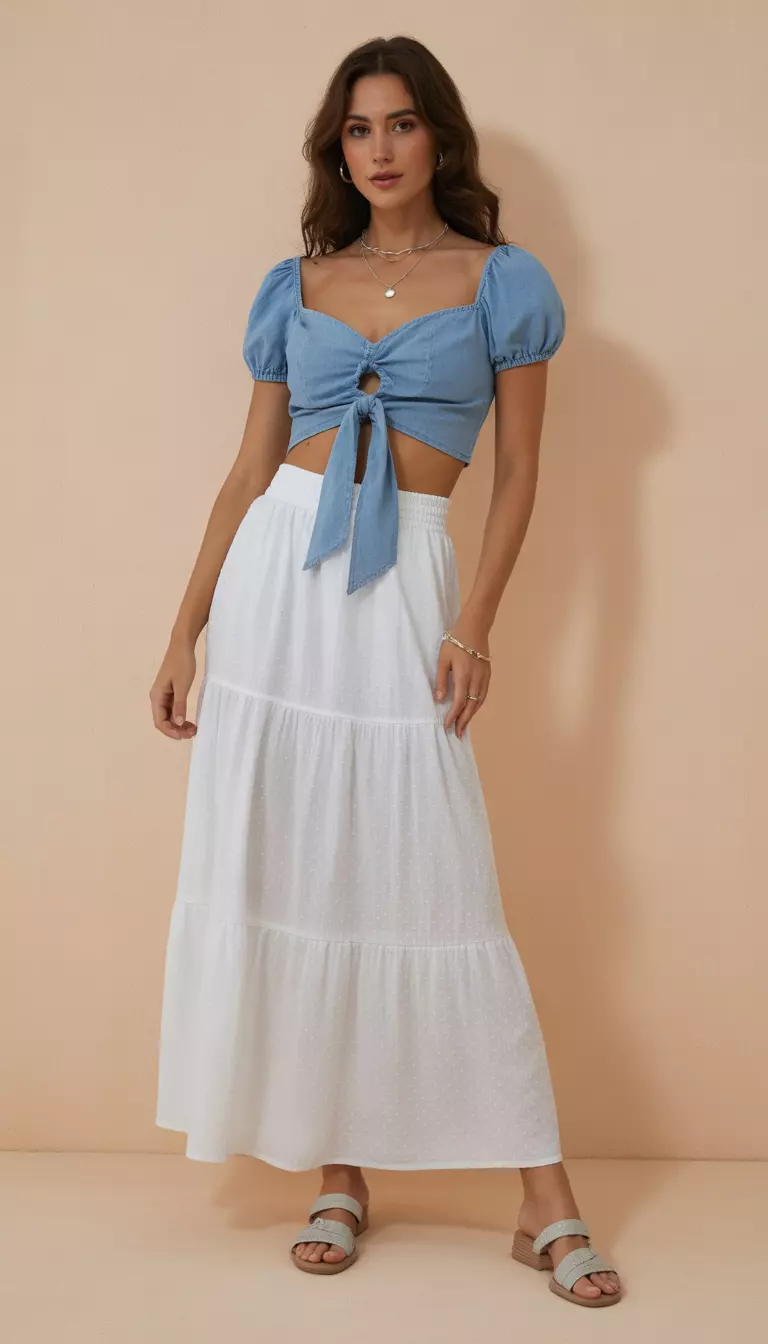 A beautiful woman in a denim blue sweetheart-neck tie-front top with a white tiered maxi skirt, paired with light-colored sandals.