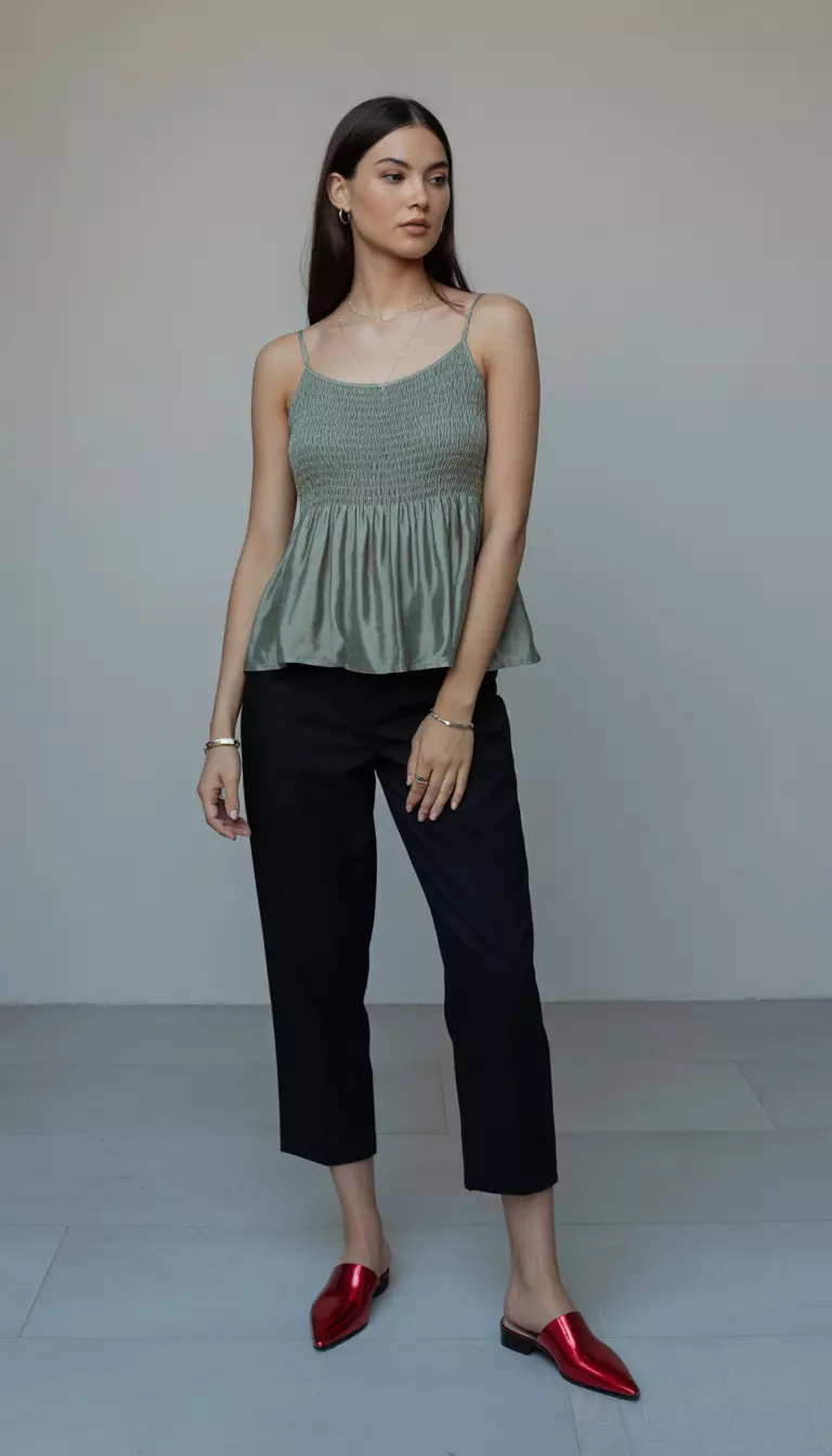 A beautiful woman in a shirred sheer green camisole top, cropped black trousers, and shiny red slip-on mules, accessorized with minimal jewelry.