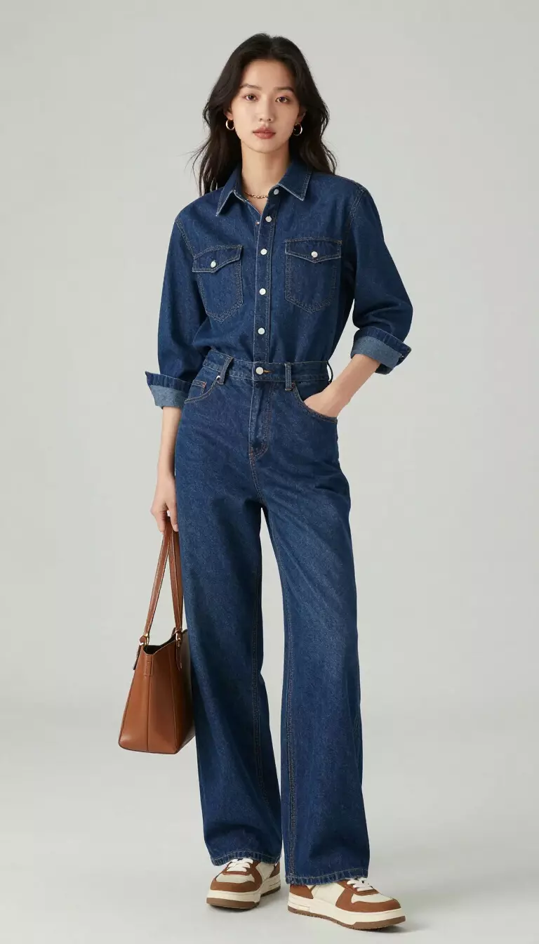 A beautiful woman in a dark indigo denim collared shirt, matching wide leg denim trousers, brown and white sneakers, and a brown bag.