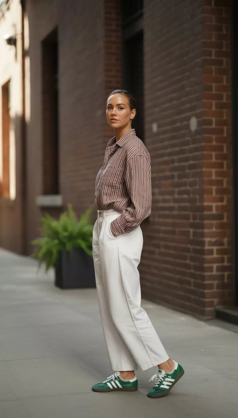 A beautiful woman in a brown and white striped button down shirt, white trousers, and green Adidas Samba sneakers.