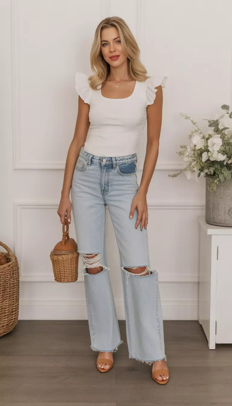 A beautiful woman in a white top with ruffled cap sleeves, light wash ripped wide leg jeans, and tan open toe heels.