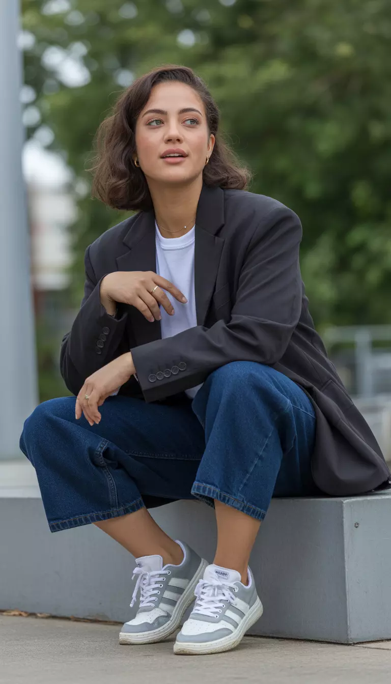 A beautiful woman in an oversized dark blazer, white t shirt, dark blue cropped denim jeans, and grey sneakers sitting outdoors.