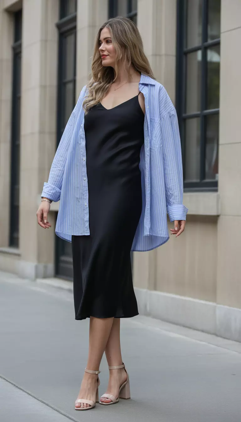 A beautiful woman in a black midi slip dress, oversized light blue and white striped button down shirt, and nude ankle strap block heels.
