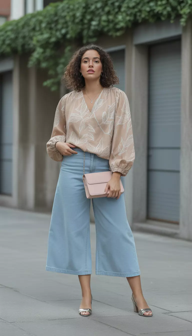 A beautiful woman in a beige v neck blouse with a leaf print, light blue wide leg denim culottes, and a small pink crossbody bag.
