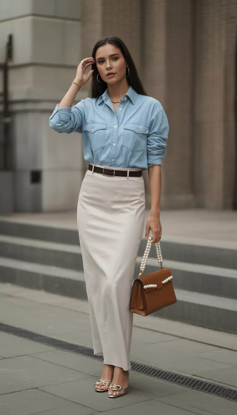 A beautiful woman in a light blue denim button down shirt, dark belt, cream fitted maxi skirt, and a brown leather bag with pearl accents.