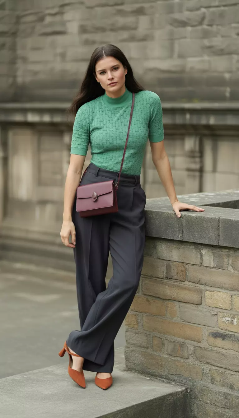A beautiful woman in a green textured top, dark wide leg trousers, maroon crossbody bag, and orange low heeled shoes standing by a stone wall.