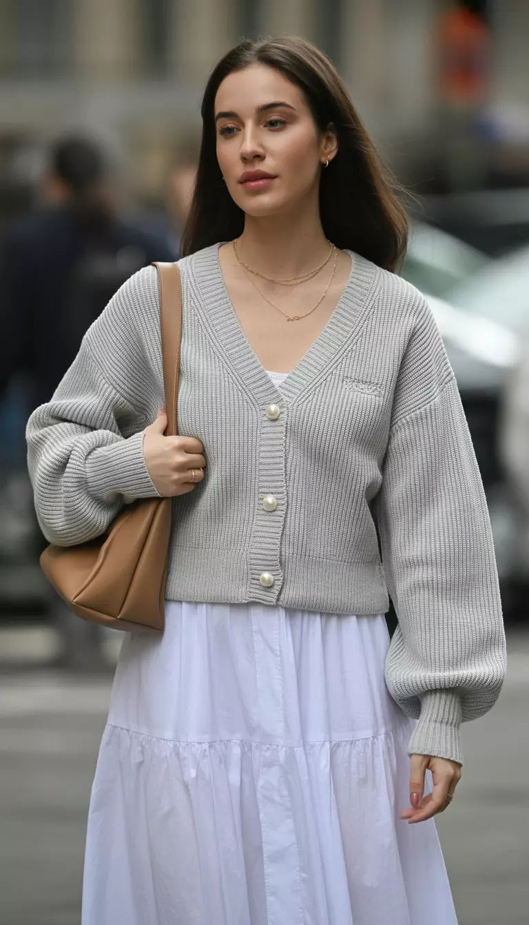 A beautiful woman in a light grey knit v neck cardigan with pearl buttons, white maxi skirt, and a tan shoulder bag.