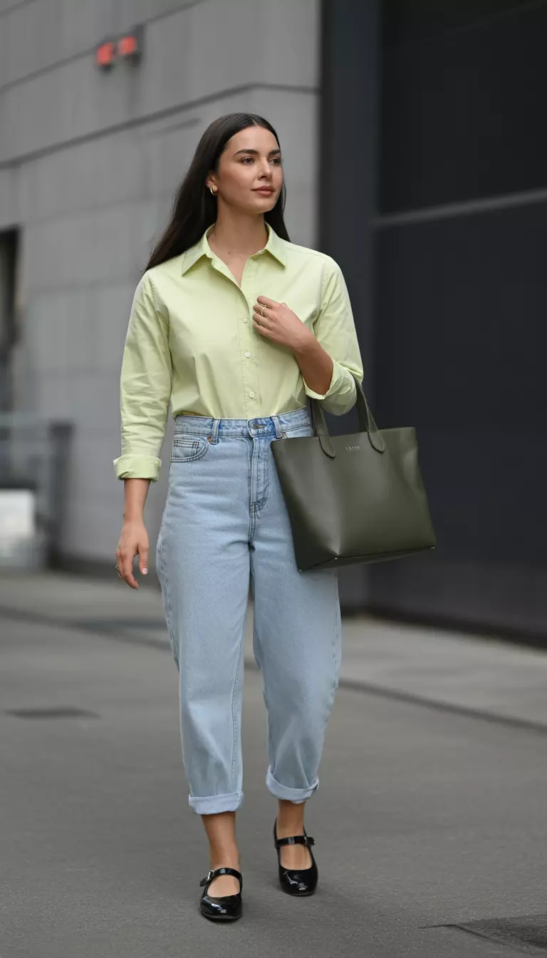 A beautiful woman in a light yellow collared shirt, light wash cuffed jeans, black Mary Jane flats, and a dark green tote bag.