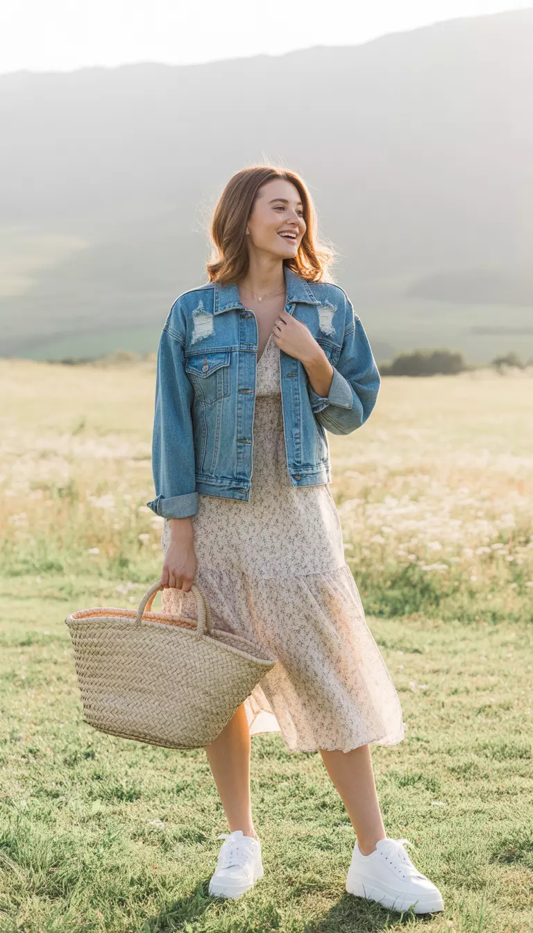 A beautiful woman in a light floral midi dress, denim jacket, white platform sneakers, and a straw market tote.