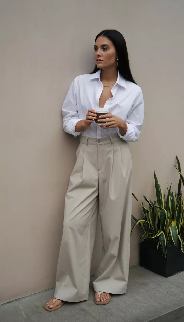 A beautiful woman in an unbuttoned white collared shirt, wide leg beige trousers, and thong sandals holding a coffee cup.