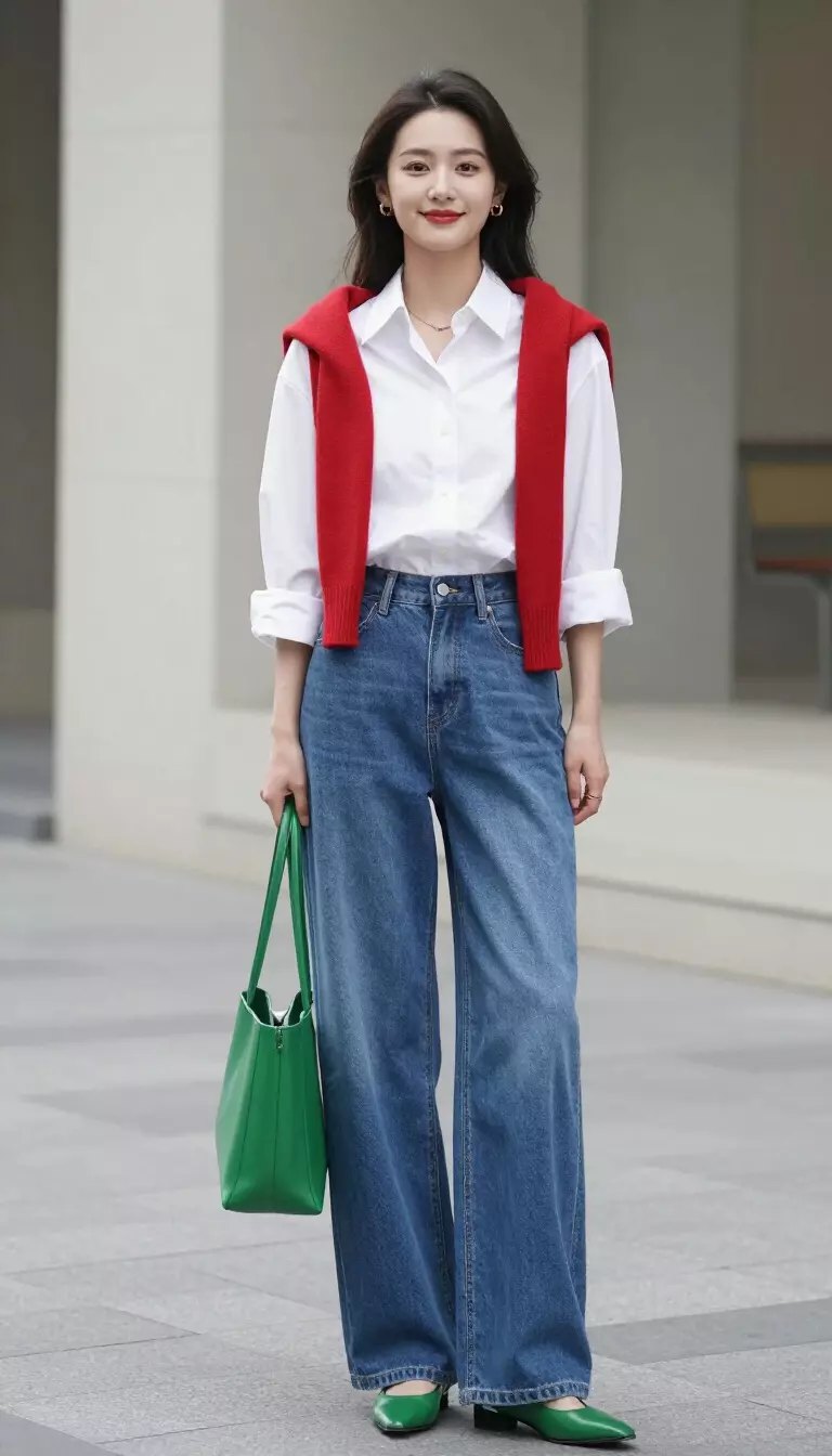 A beautiful woman in a white button down shirt, high waisted wide leg blue jeans, a red sweater draped over her shoulders, and carrying a green bag.