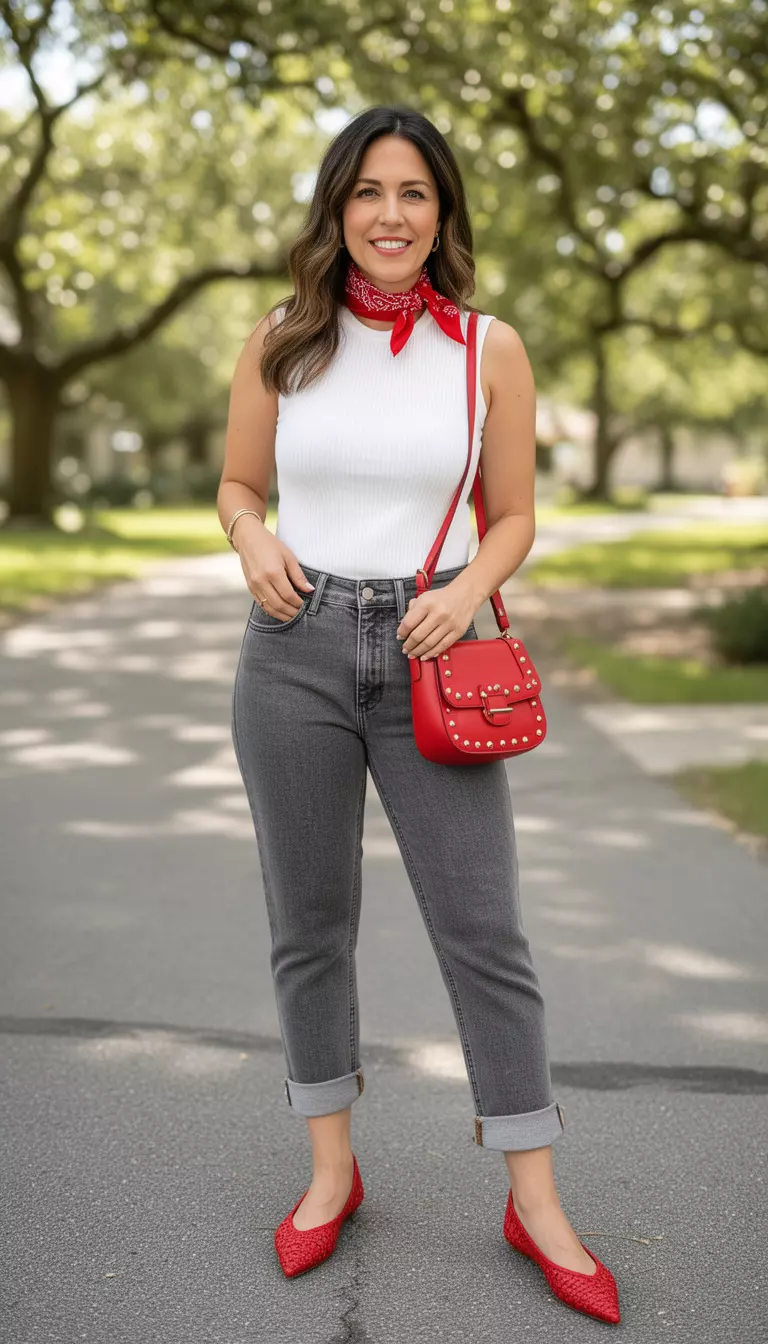 A beautiful woman in a white sleeveless ribbed top, grey cuffed jeans, red woven pointed flats, and a small red studded bag. She is wearing a red bandana on her neck.