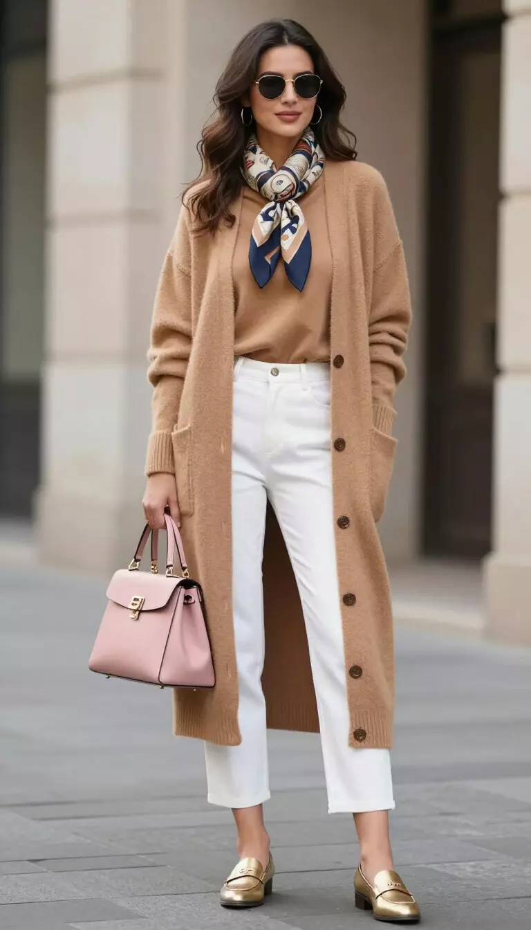 A beautiful woman in a camel long cardigan, matching camel top, white cropped trousers, gold loafers, and a pink structured handbag. She is wearing a patterned scarf.