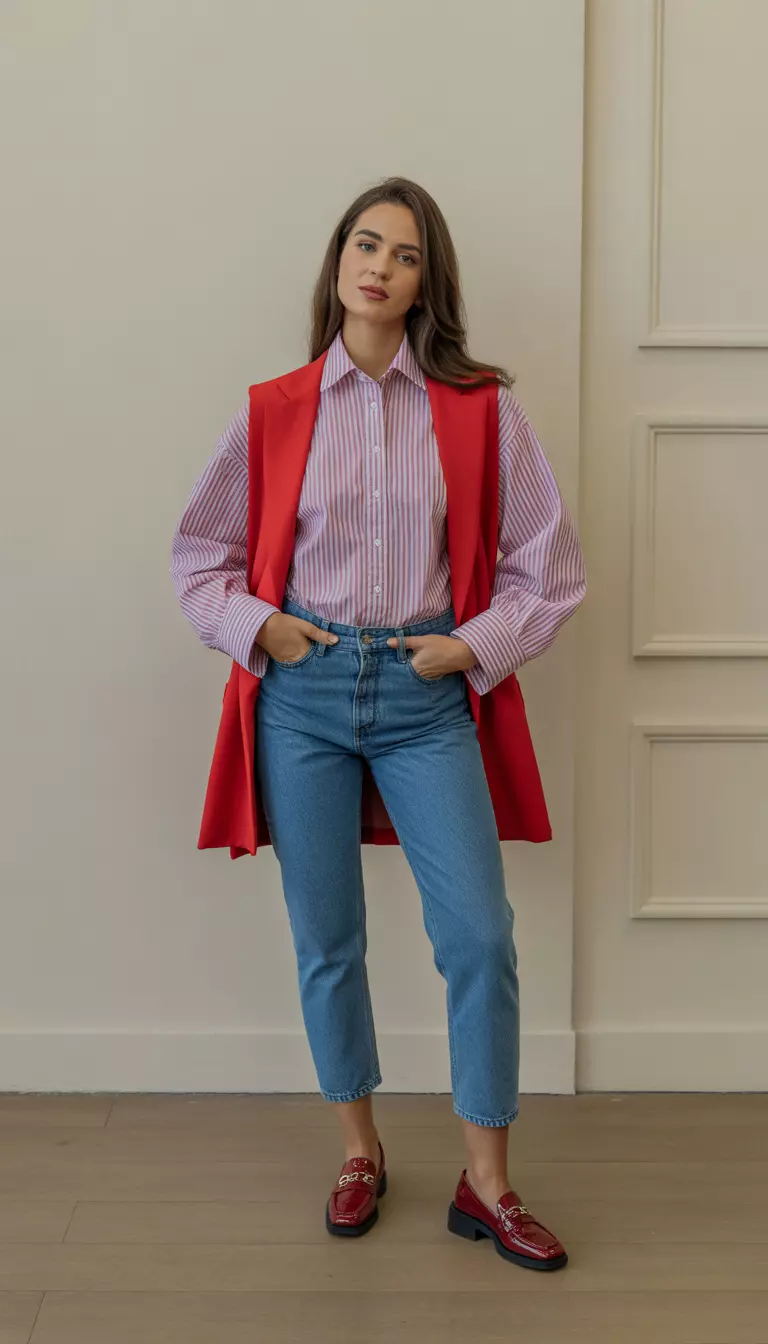 A beautiful woman in a red and white striped collared shirt, red vest, blue cropped jeans, and shiny red patent loafers.