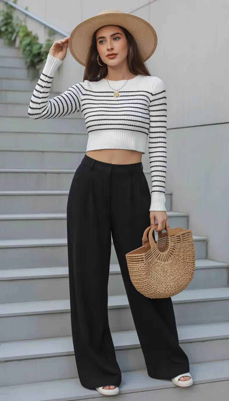 A beautiful woman in a white and black striped knit crop top, wide leg black trousers, a wide straw hat, and a beige handbag.