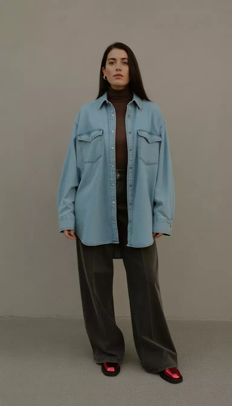 A beautiful woman in an oversized light wash denim shirt over a dark turtleneck, wide leg dark trousers, and shiny red slip on shoes.